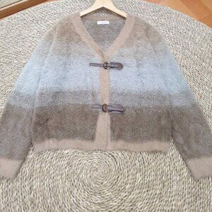 Beige Gray Ombre Fuzzy Cardigan Leather Buckle Closure Soft Top